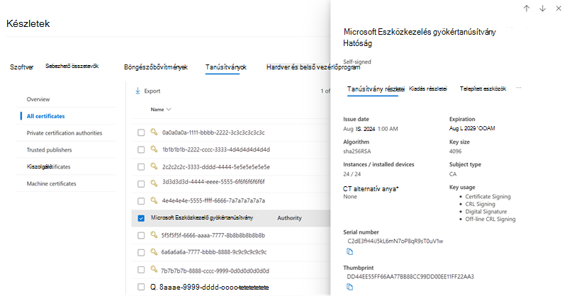 Képernyőkép a tanúsítvány részleteinek oldaláról