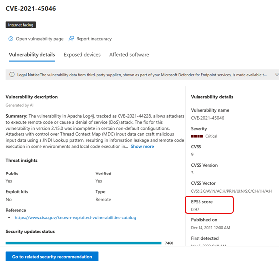 Képernyőkép a gyenge pontok epss pontszámáról.