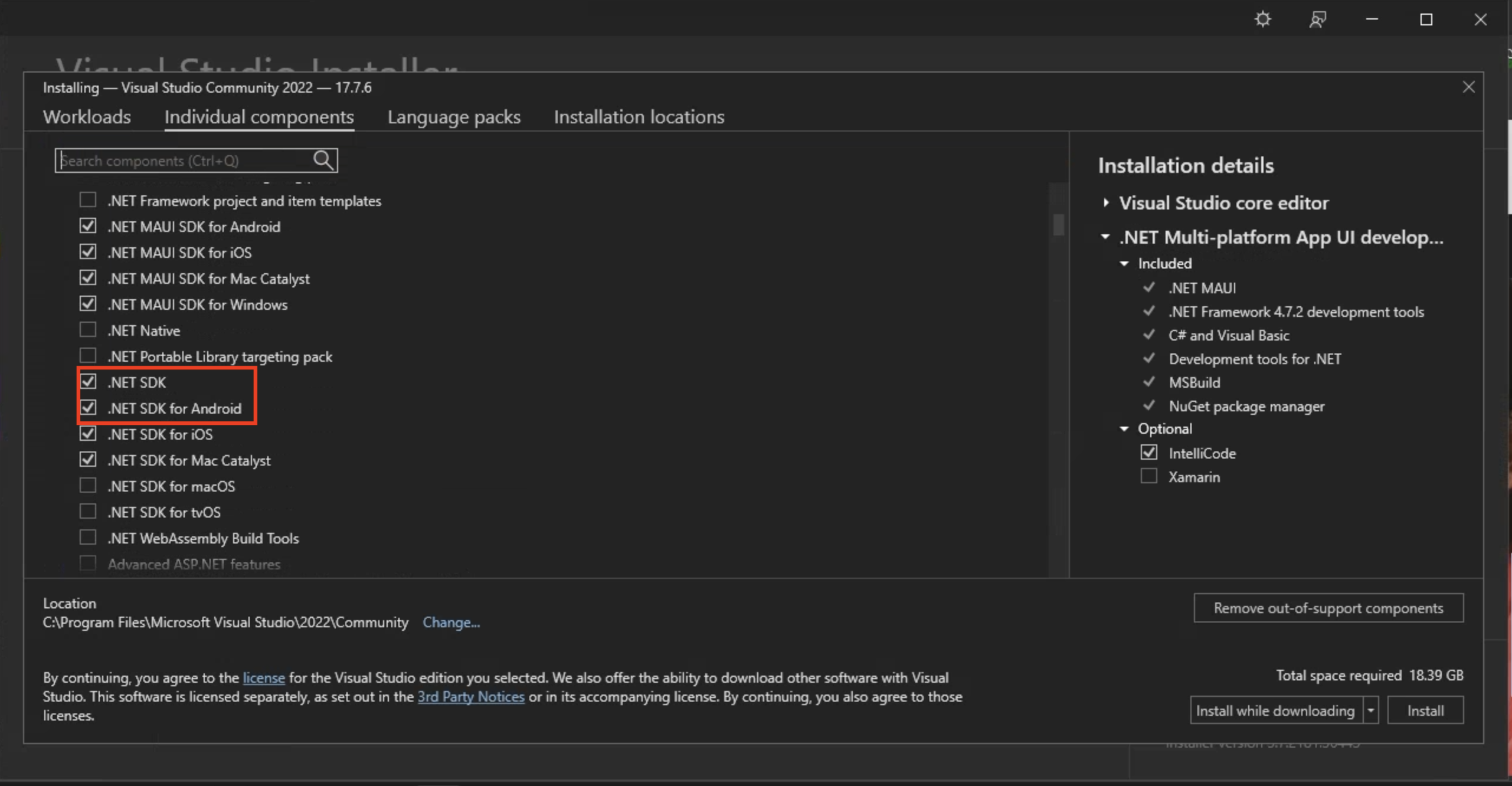 Az Android SDK-összetevő .NET kiválasztása