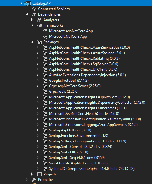 Képernyőkép a VS-ről, amelyen a Catalog.Api NuGet-függőségei láthatók.