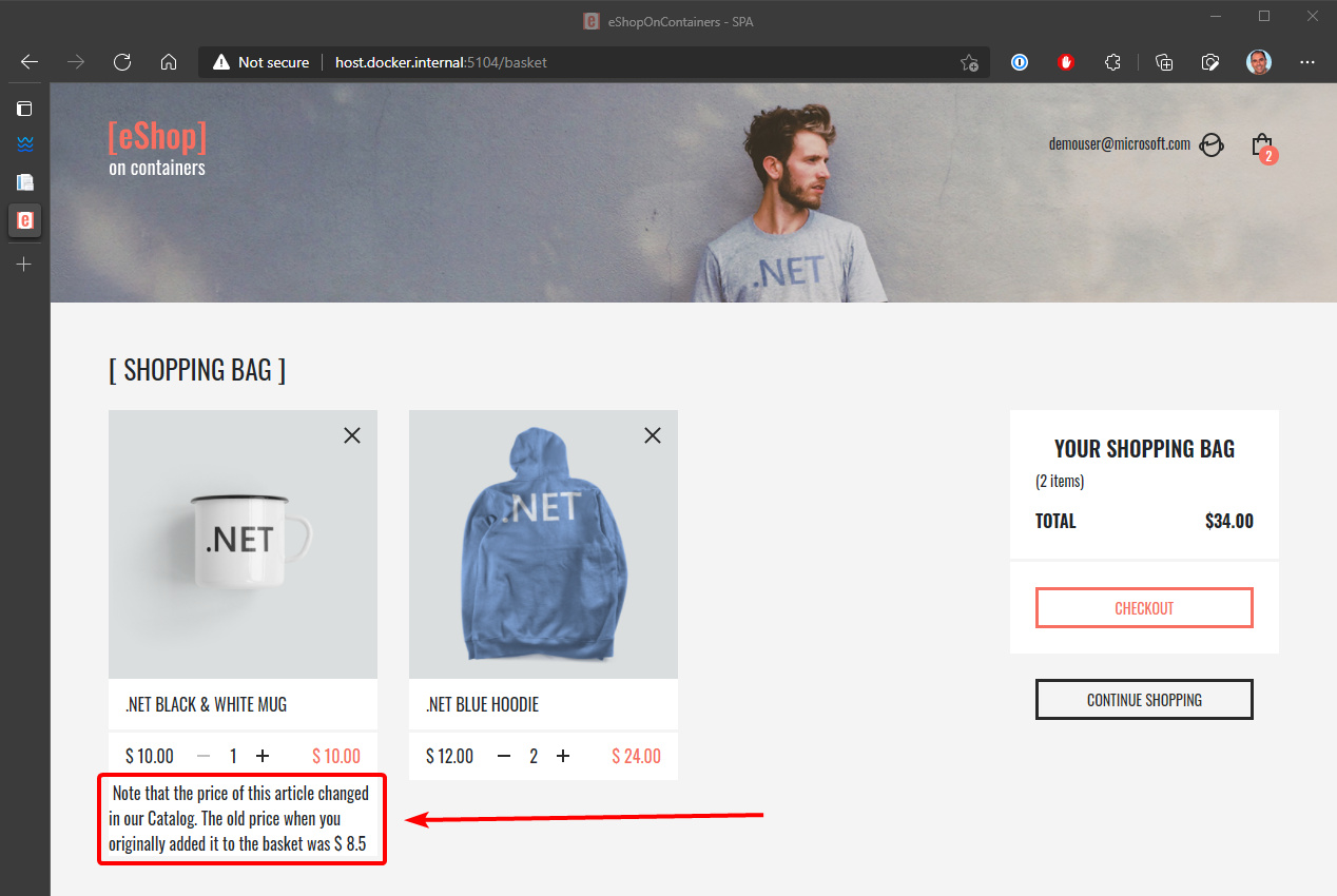 Képernyőkép egy böngészőről, amelyen az árváltozásról szóló értesítés látható a felhasználói kosárban.