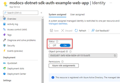 Képernyőkép egy Azure-erőforrás felügyelt identitásának engedélyezéséről az erőforrás Identitás lapján.