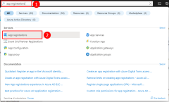 Képernyőkép arról, hogyan keresheti meg és navigálhat a Alkalmazásregisztrációk lapra az Azure Portal felső keresősávján.