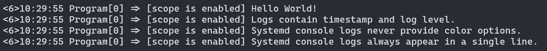 Példa konzolnaplókra, amelyek a Systemd formatterrel íródtak.