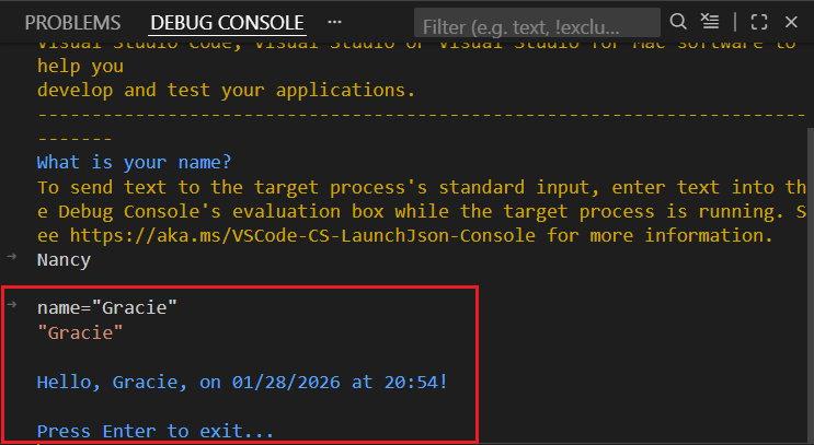 Terminál, amely megjeleníti a megadott értékeket