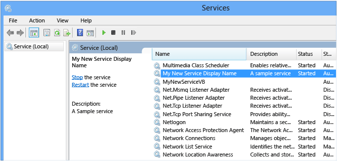 MyNewService a Szolgáltatások ablakban.