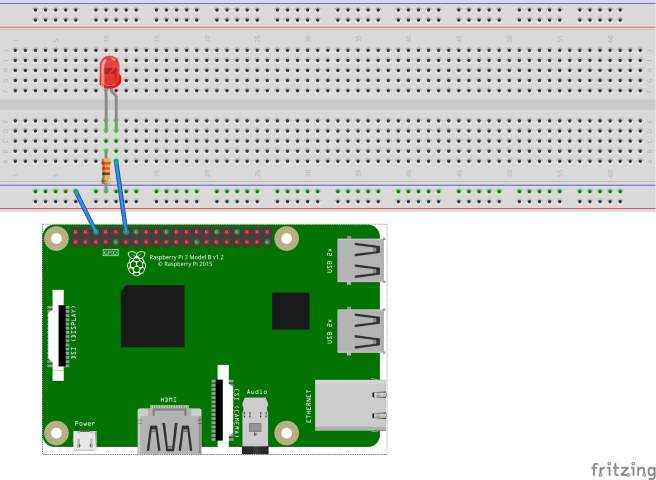 Fritzing diagram, amely egy LED-et és egy ellenállást tartalmazó áramkört ábrázol