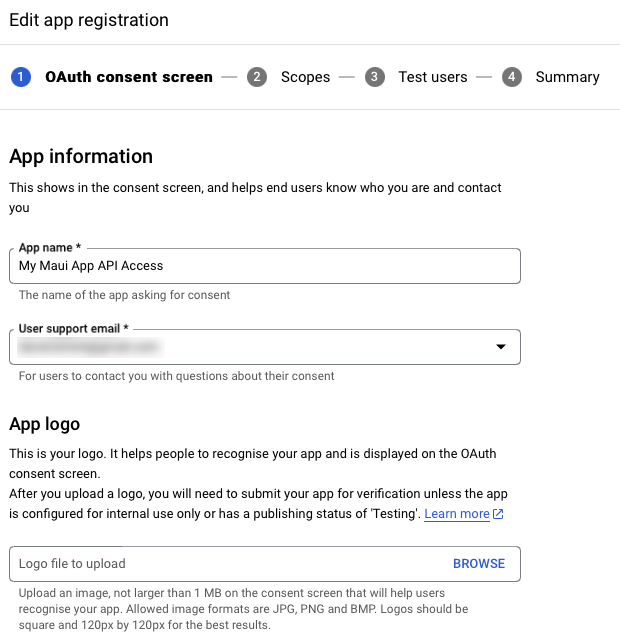 Screenshot of editing the OAuth consent screen app registration data.