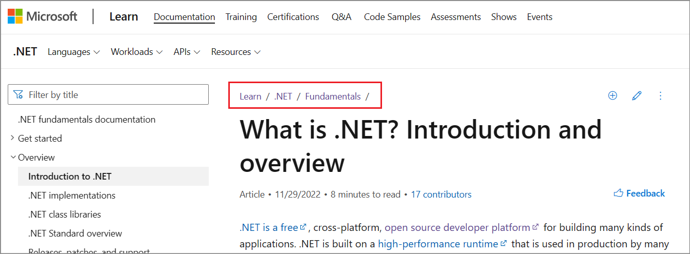 .NET docs breadcrumb