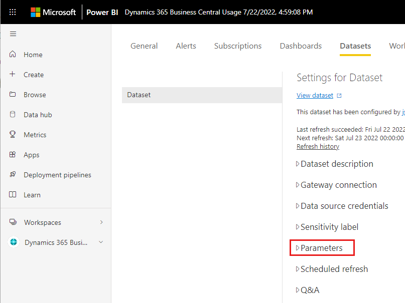 Diagram showing the dataset parameters section to configure the Application Insights connection in the Business Central usage 