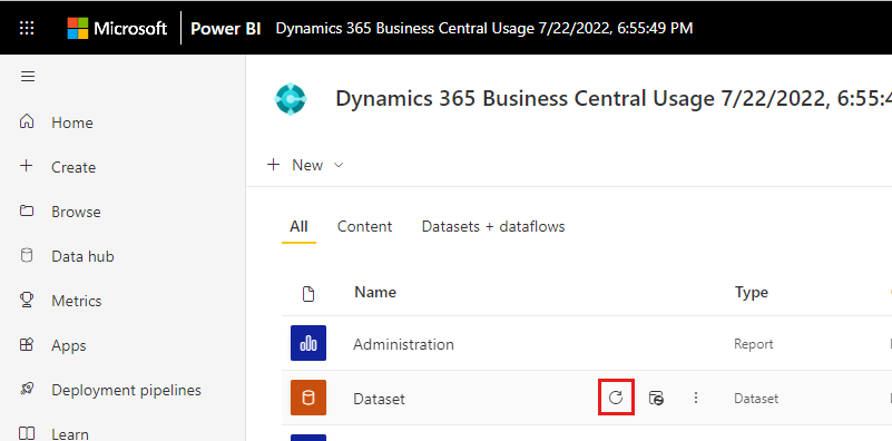 Diagram showing the refresh action for a dataset in the Business Central usage 