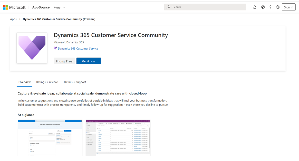 Microsoft AppSource Dynamics 365 Customer Service Community letöltési oldala.