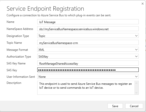 Képernyőkép a Szolgáltatás végpont regisztráció lapról.