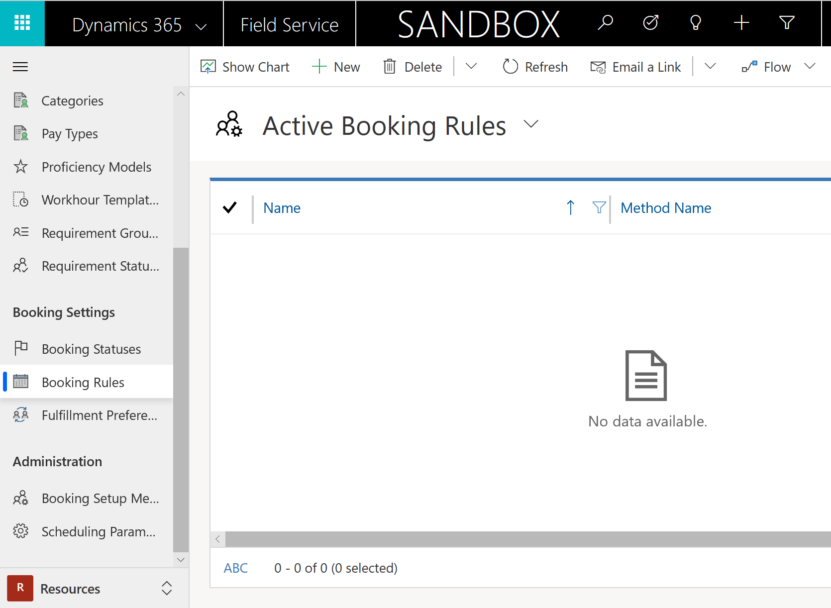 Képernyőkép az aktív foglalási szabályok listájáról a Field Service szolgáltatásban.