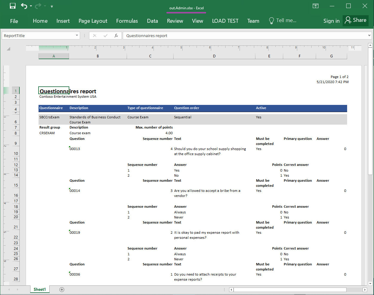 A létrejövő Excel-formátumú jelentés példája, 1. oldal.