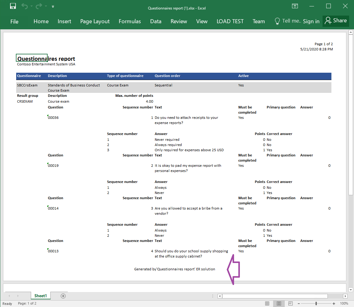 A létrehozott jelentés Excel-formátumban.