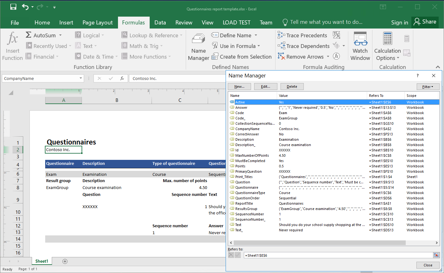 A megadott Excel-sablonban lévő Excel-nevek ellenőrzése a Névkezelővel.