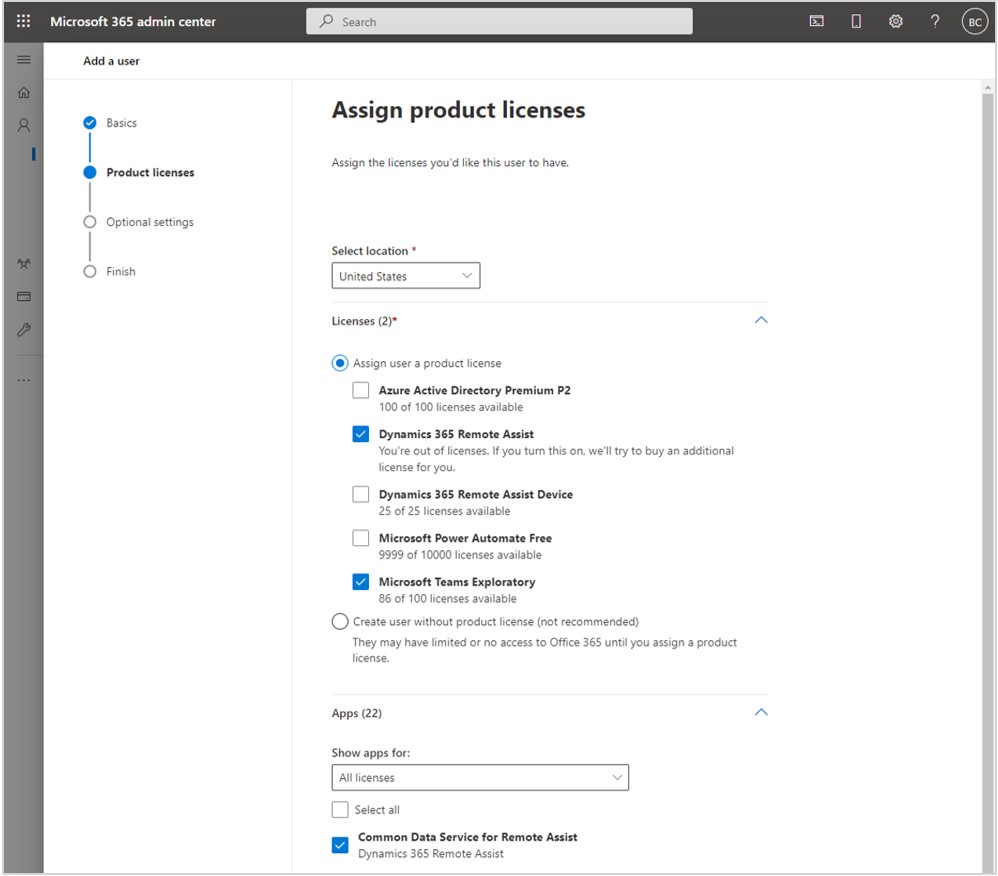 Screenshot showing Dynamics 365 Remote Assist and Microsoft Teams check boxes selected.