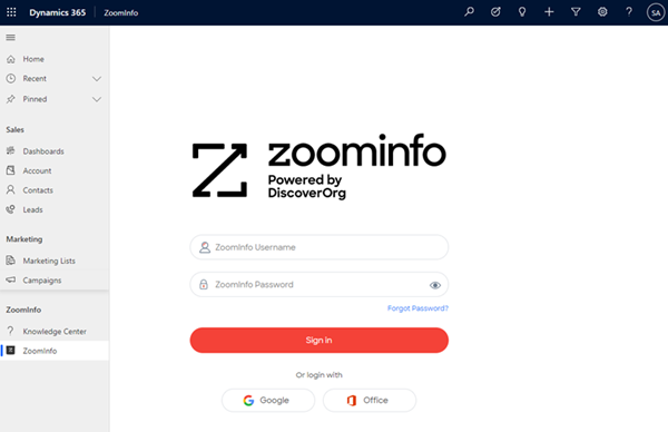 A ZoomInfo bejelentkezési oldala