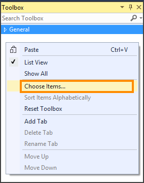 Select Choose Items in Toolbox.