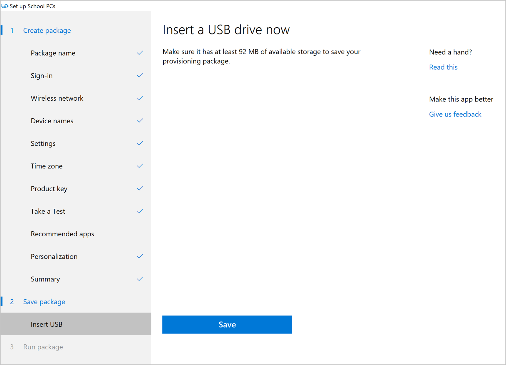 Insert a USB drive now screen with USB drive selection highlighted. Save button is blue and active.