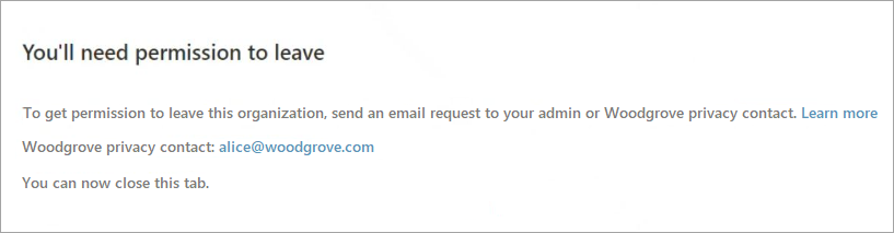 Képernyőkép az üzenetről, amikor engedélyre van szüksége egy szervezet elhagyásához.