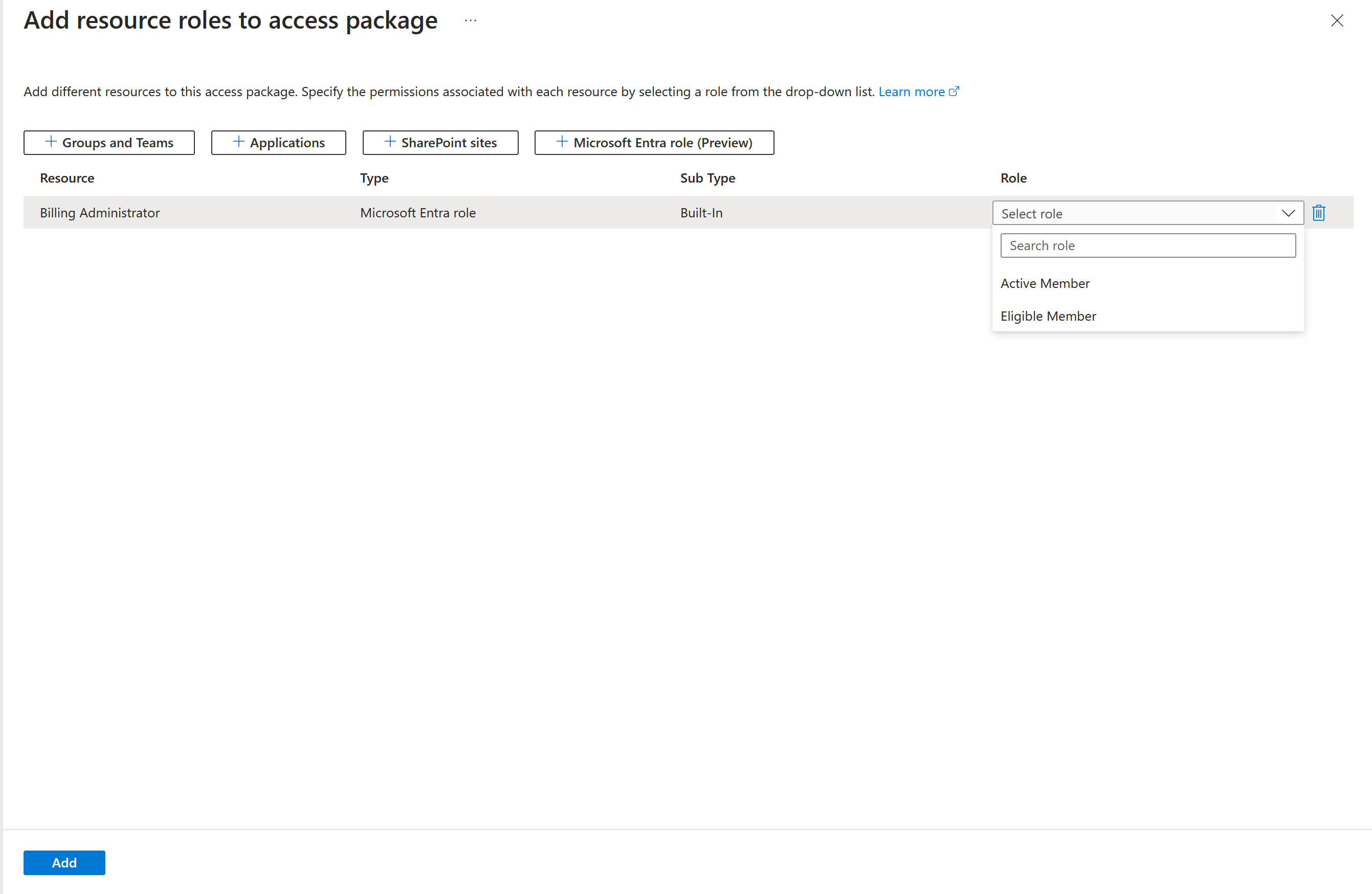 Képernyőkép az erőforrásszerepkör kiválasztásáról a hozzáférési csomagban.
