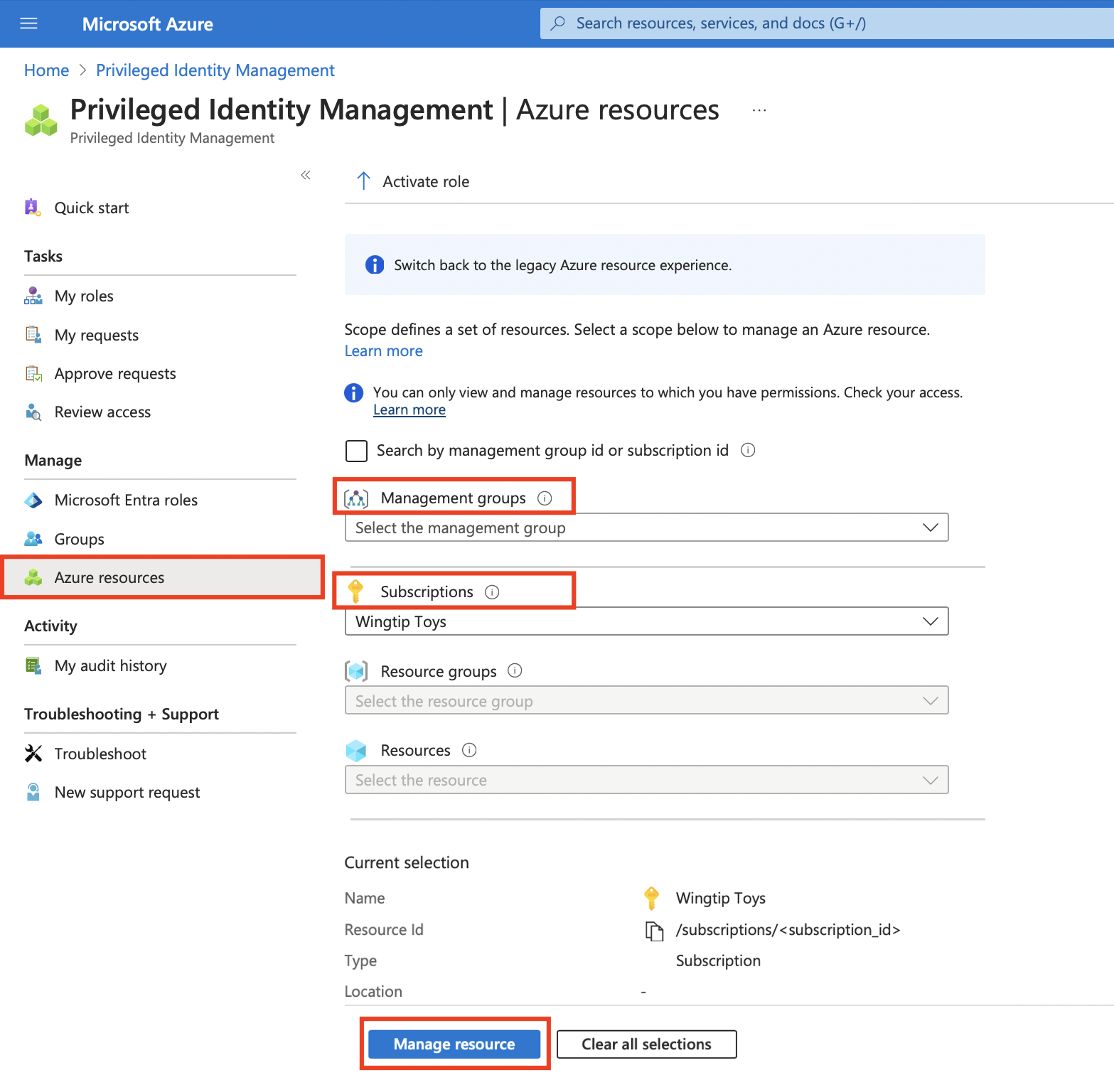 Screenshot that shows how to select Azure resources.