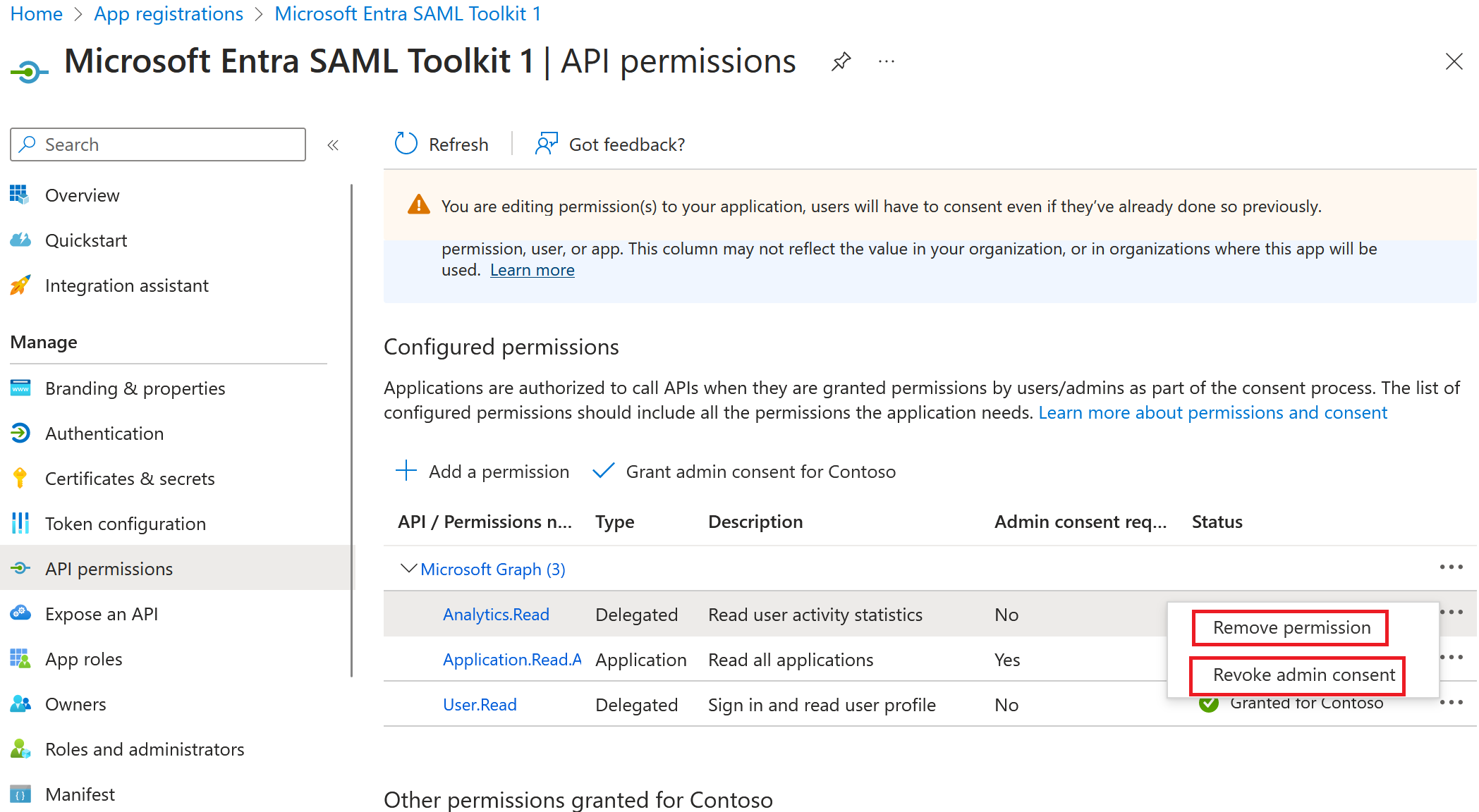 Képernyőkép arról, hogyan távolíthat el engedélyeket az API engedélypaneljén keresztül.