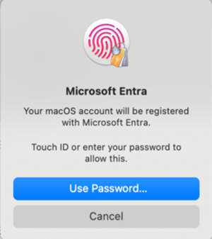 A macOS 14-en megjelenő Microsoft Entra regisztrációs kérés képernyőképe, miután a regisztrációhoz szükséges értesítés ki van választva.
