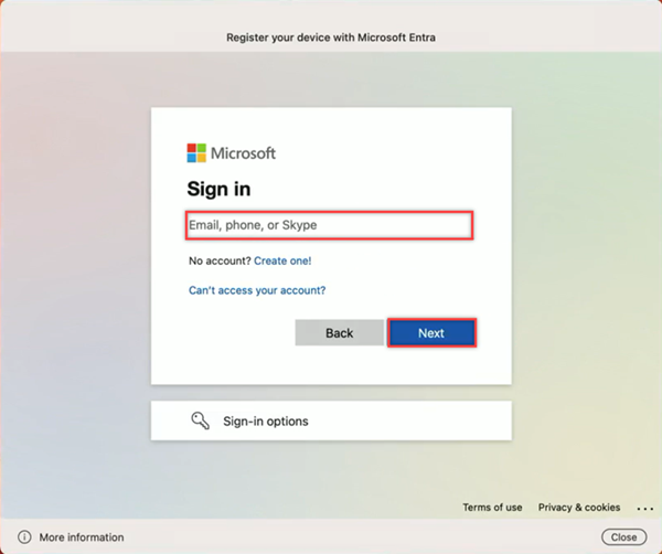 Képernyőkép a regisztrációs ablakról, amely a Microsofttal való bejelentkezést kéri.