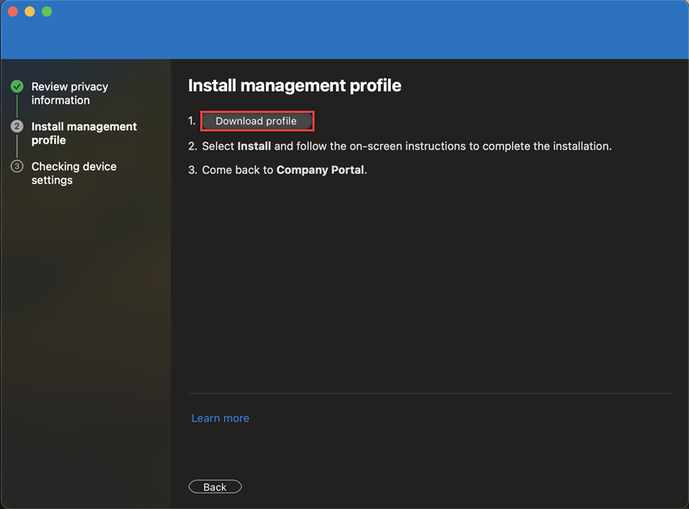 Képernyőkép egy Company Portal ablakról, amely arra kéri a felhasználót, hogy töltse le a felügyeleti profilt.