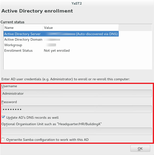 Példa képernyőkép az Active Directory regisztrációs ablakáról a YaST-ben