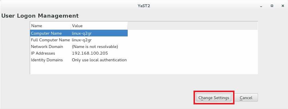 Példa képernyőkép a Felhasználói bejelentkezés kezelése ablakról a YaST-ben
