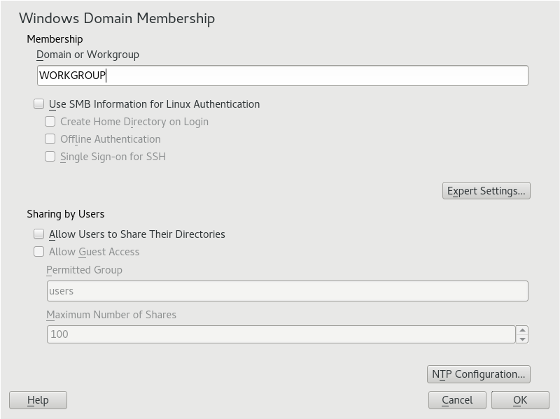 Példa képernyőkép a Windows Domain Membership ablakról a YaST-ben