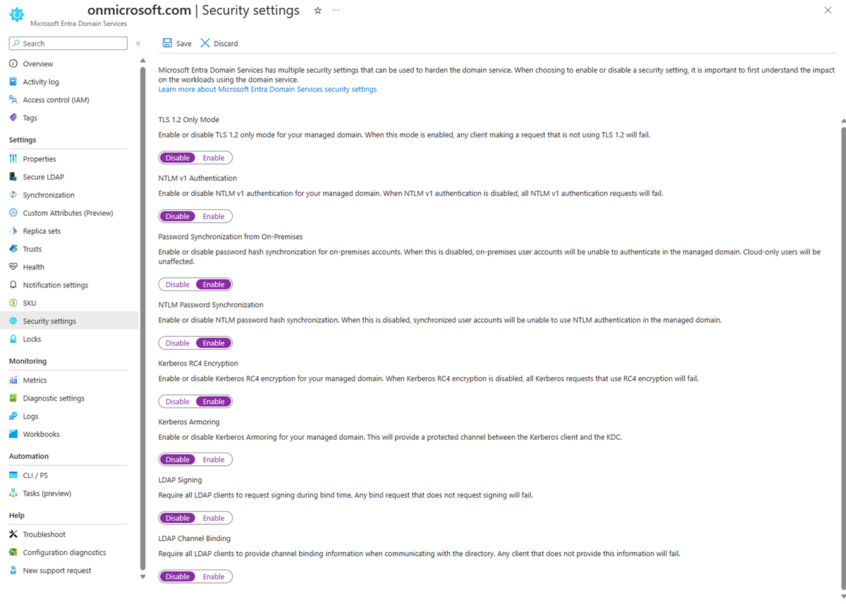 Screenshot of Security settings to disable weak ciphers and NTLM password hash sync