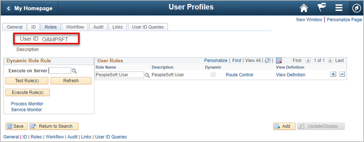 Képernyőkép a felhasználói azonosítóról a Szerepkörök lapon, a Felhasználói profilok lapon.