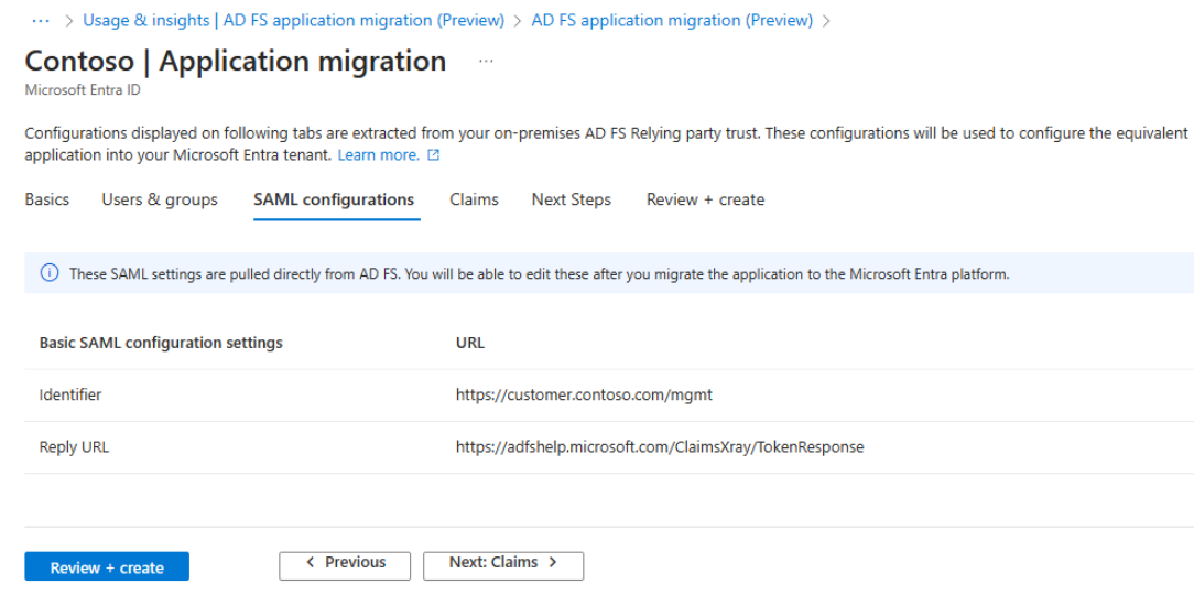 Képernyőkép az AD FS-alkalmazás migrálási SAML-konfigurációi lapjáról.