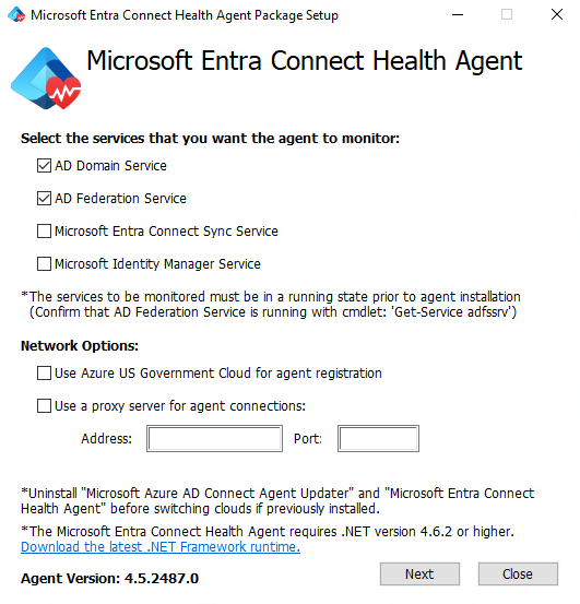 Az AD DS telepítési ablakához készült Microsoft Entra Csatlakozás Health-ügynök képernyőképe.