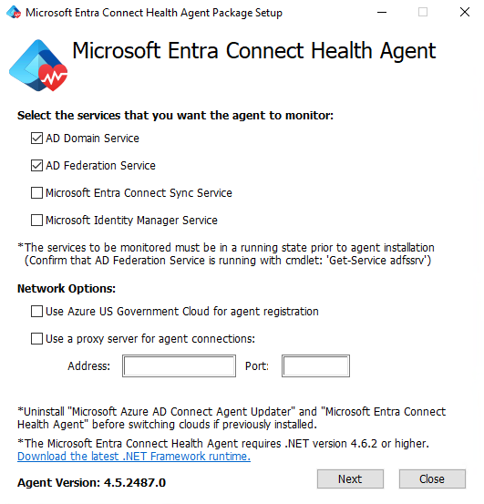 A Microsoft Entra Csatlakozás Health AD FS-ügynök telepítési ablakát bemutató képernyőkép.