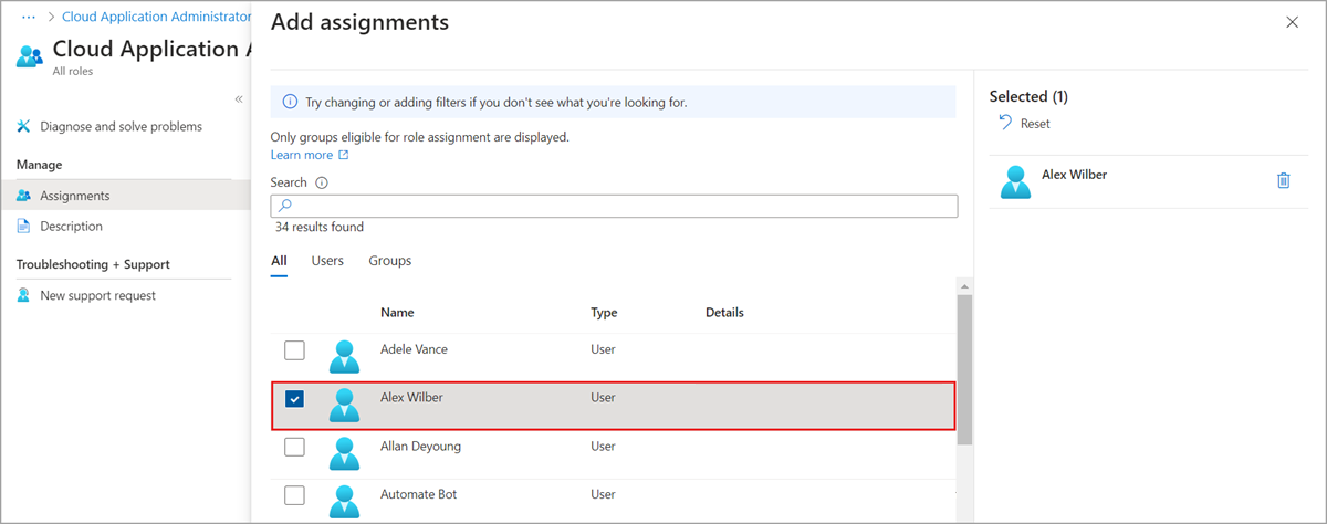 Sikeresen hozzáadta a szerepkör-hozzárendelés hatókörét egy alkalmazásregisztrációhoz a Microsoft Entra ID-ban.