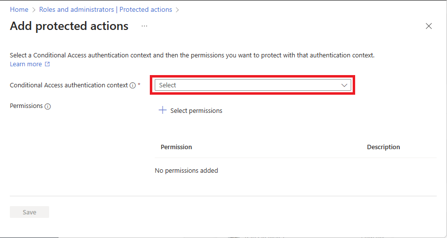 Screenshot of Add protected actions page with no authentication context to select.