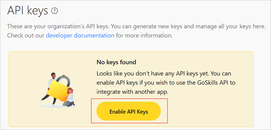 Képernyőkép a GoSkills API-kulcsok kezdőlapjáról.