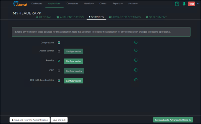 Screenshot of the Akamai EAA console Services tab for MYHEADERAPP showing the Save and go to AdvancedSettings button in the bottom right corner.