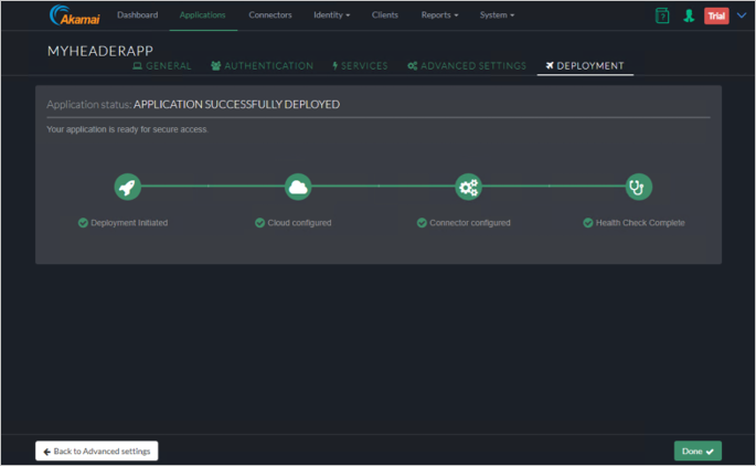 Screenshot of the Akamai EAA console Deployment tab showing the Application status message: 