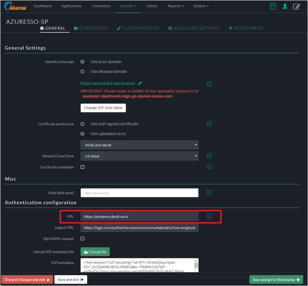 Screenshot of the General tab for AZURESSO-SP in Akamai Enterprise Application Access. The Authentication configuration URL field is highlighted.