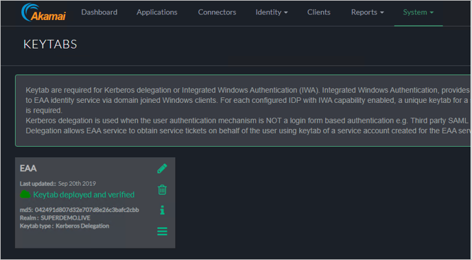 Screenshot of the Akamai EAA console KEYTABS screen listing the EAA Keytab as 