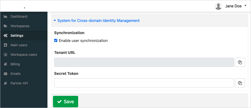 Képernyőkép a system for Cross-domain Identity Management (Tartományközi identitáskezelés) szakaszról a beállítások listájában.