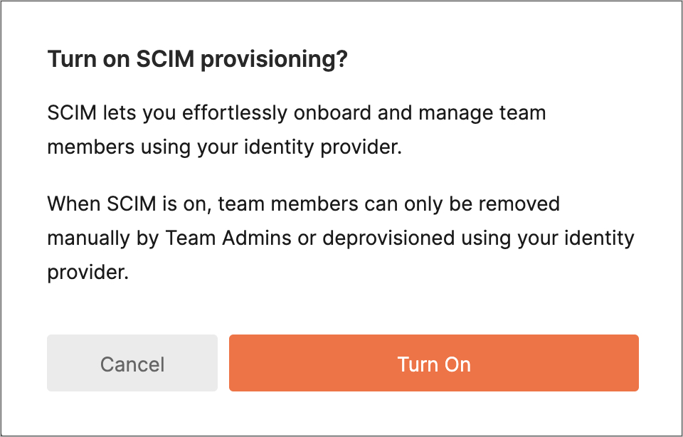 Az SCIM-kiépítés engedélyezéséhez szükséges modális képernyőkép.