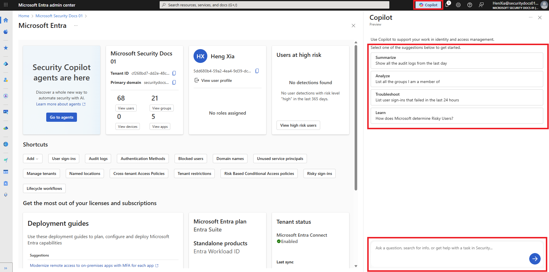 Képernyőkép a Security Copilotról a Microsoft Entra felügyeleti központban.